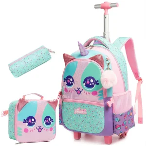 Cute School Bookbag with Wheels Kids Rolling Backpack for Elementary Students Travel Luggage Trolley Bag with Lunch Bag and Pencil Case Lightweight Carry On for Girls Ages 6-12