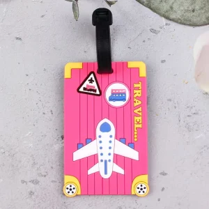 Durable Silicone Travel Luggage Tag, Airplane & Bus Pattern Anti-Lost ID Identifier, with Secure Black Strap, Bright Pink Suitcase Baggage Tag, Universal for Travel Enthusiasts, Business Trips, Airplane Travel & School Bags