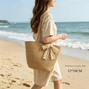 Straw Bucket Tote Large Single Shoulder Straw Woven Vacation Dual Style Beach Trip Women