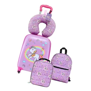 Luggage Set 5-Piece 18-Inch Hard Shell Rolling Suitcase with Backpack and U-Shape Pillow Unicorn-Themed Travel Set for Perfect