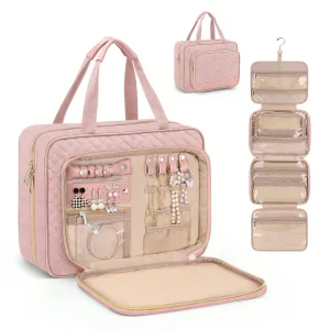 Large Capacity Hanging Toiletry Bag with Jewelry Compartment, Portable Travel Makeup Cosmetic Organizer with Hook, Partitioned Storage for Cruise Weekend Trips Bathroom