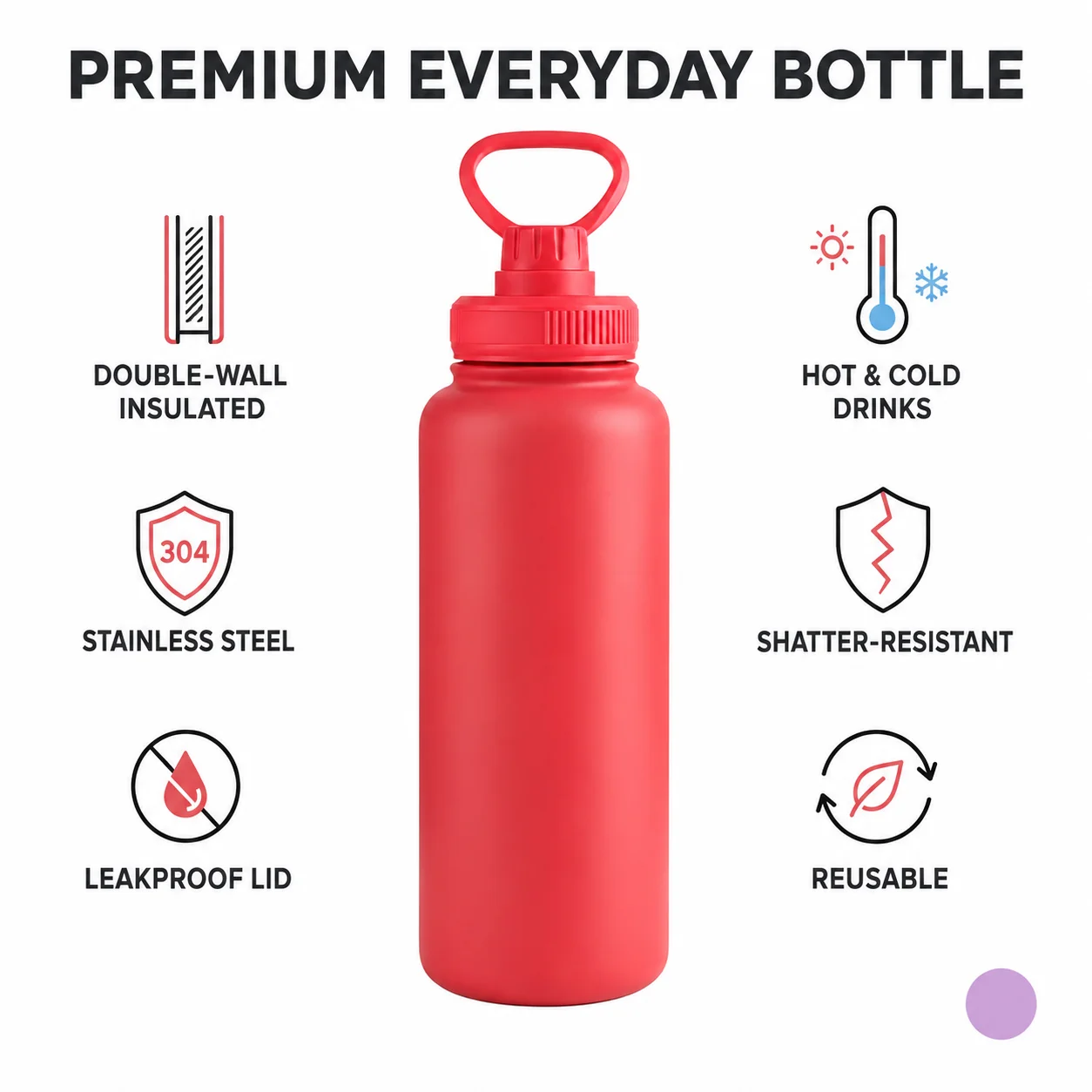 Double-Layered Insulated Stainless Steel Water Bottle Wide-Mouth Leak-Proof Screw Cap with Portable Handle for Cold And Hot Drinks Durable Reusable for Fitness Office Travel Outdoor - Image 1