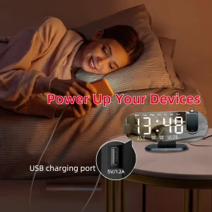 Projection Alarm Clock Bedroom 180° Rotating LED  Large Display Ceiling Projector Dual Alarm Dimmer  USB Charging Digital Clock Home Decor Holiday Gift - Thumbnail Image 6