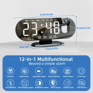 Projection Alarm Clock Bedroom 180° Rotating LED  Large Display Ceiling Projector Dual Alarm Dimmer  USB Charging Digital Clock Home Decor Holiday Gift - Thumbnail Image 7