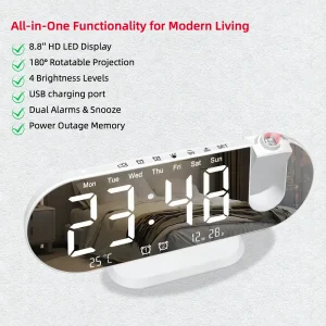 Projection Alarm Clock Bedroom 180° Rotating LED  Large Display Ceiling Projector Dual Alarm Dimmer  USB Charging Digital Clock Home Decor Holiday Gift - Thumbnail Image 10