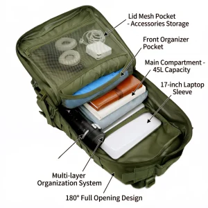 45L Tactical Travel Backpack Molle Storage Bag Large Capacity Multi Pocket Wear Resistant Camping Hiking Trekking Rucksack Durable Outdoor Mountain Climbing Daypack For Men Women Travellers Bushcraft Wilderness Trip Daily Commute Luggage Bag - Thumbnail Image 4
