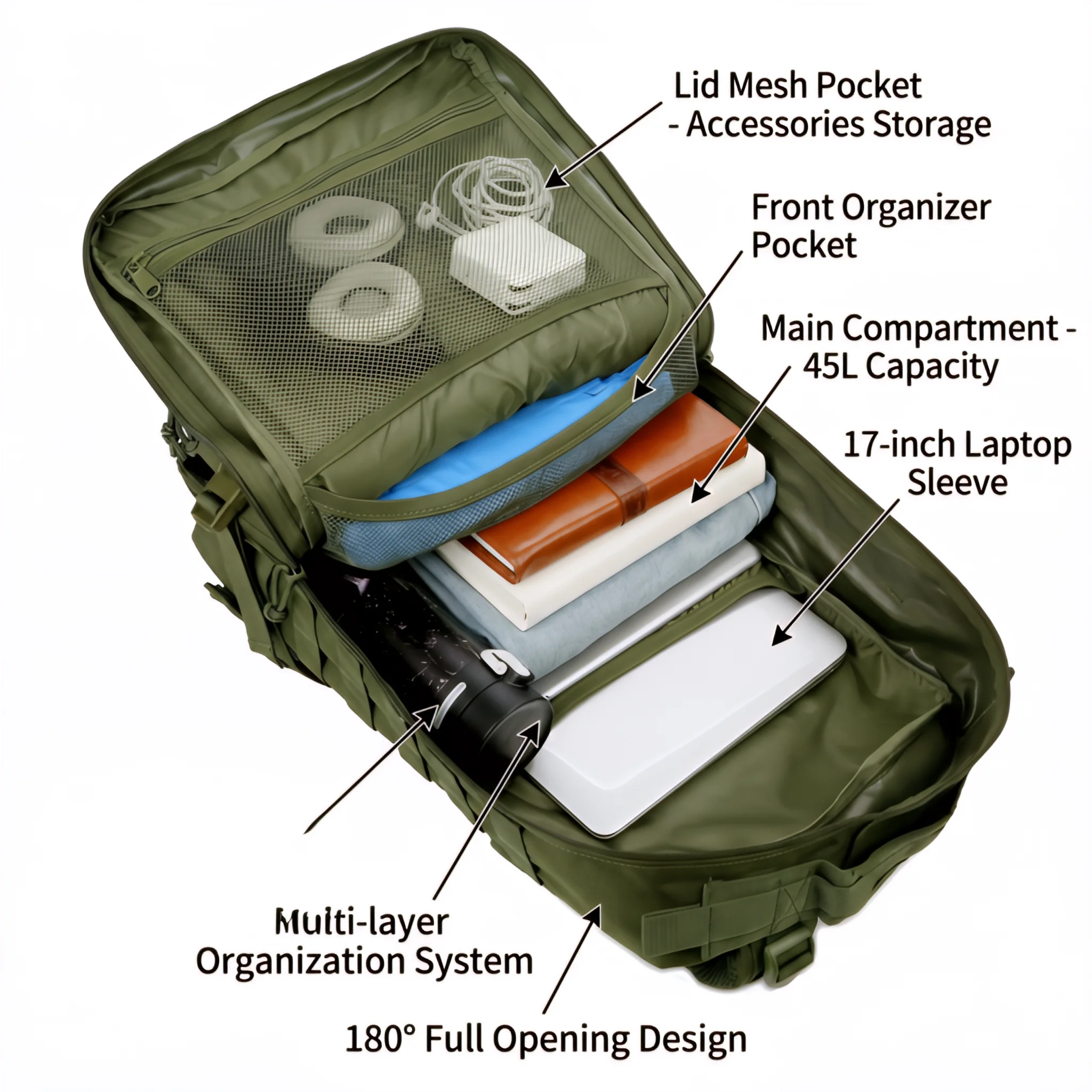 45L Tactical Travel Backpack Molle Storage Bag Large Capacity Multi Pocket Wear Resistant Camping Hiking Trekking Rucksack Durable Outdoor Mountain Climbing Daypack For Men Women Travellers Bushcraft Wilderness Trip Daily Commute Luggage Bag - Image 4