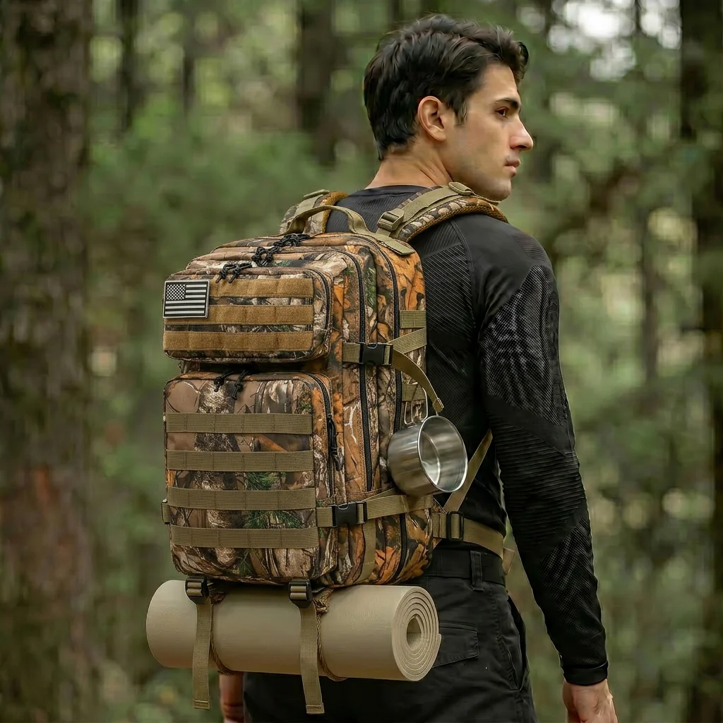 45L Tactical Travel Backpack Molle Storage Bag Large Capacity Multi Pocket Wear Resistant Camping Hiking Trekking Rucksack Durable Outdoor Mountain Climbing Daypack For Men Women Travellers Bushcraft Wilderness Trip Daily Commute Luggage Bag - Image 9