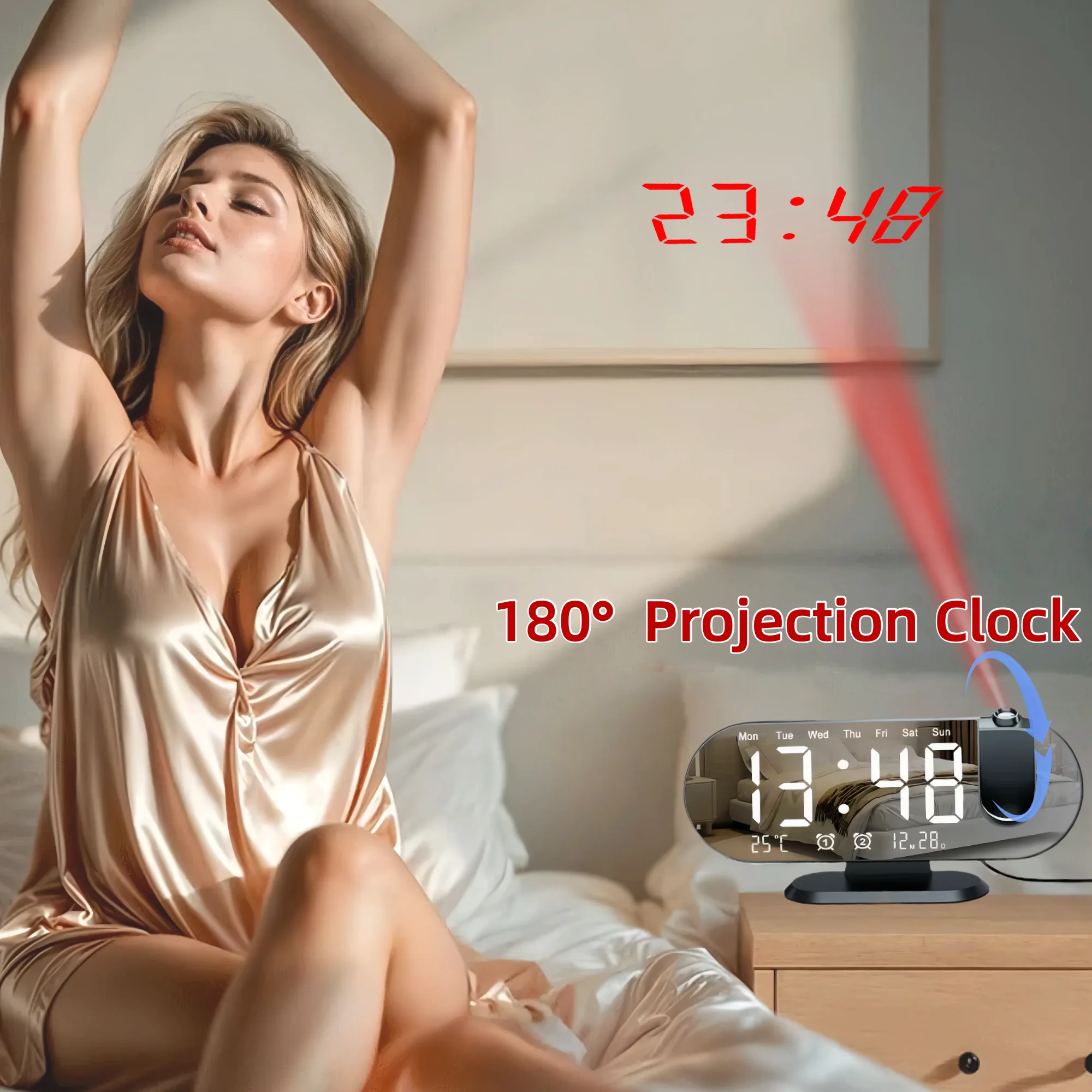 Projection Alarm Clock Bedroom 180° Rotating LED  Large Display Ceiling Projector Dual Alarm Dimmer  USB Charging Digital Clock Home Decor Holiday Gift - Image 3