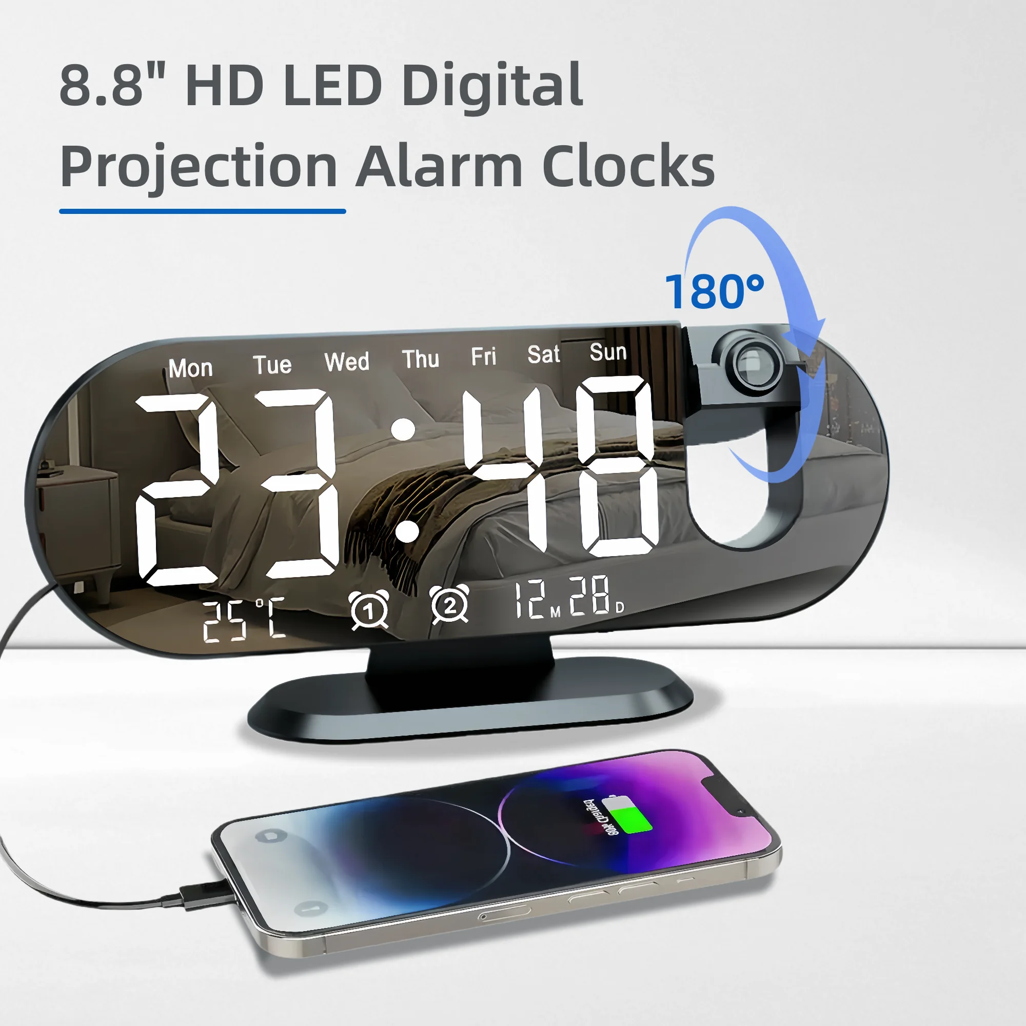 Projection Alarm Clock Bedroom 180° Rotating LED  Large Display Ceiling Projector Dual Alarm Dimmer  USB Charging Digital Clock Home Decor Holiday Gift - Image 2