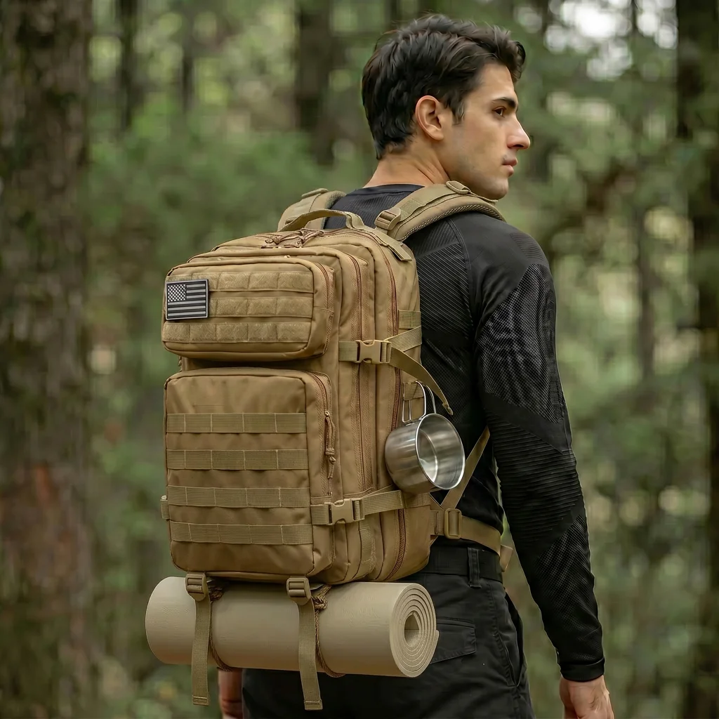 45L Tactical Travel Backpack Molle Storage Bag Large Capacity Multi Pocket Wear Resistant Camping Hiking Trekking Rucksack Durable Outdoor Mountain Climbing Daypack For Men Women Travellers Bushcraft Wilderness Trip Daily Commute Luggage Bag - Image 13