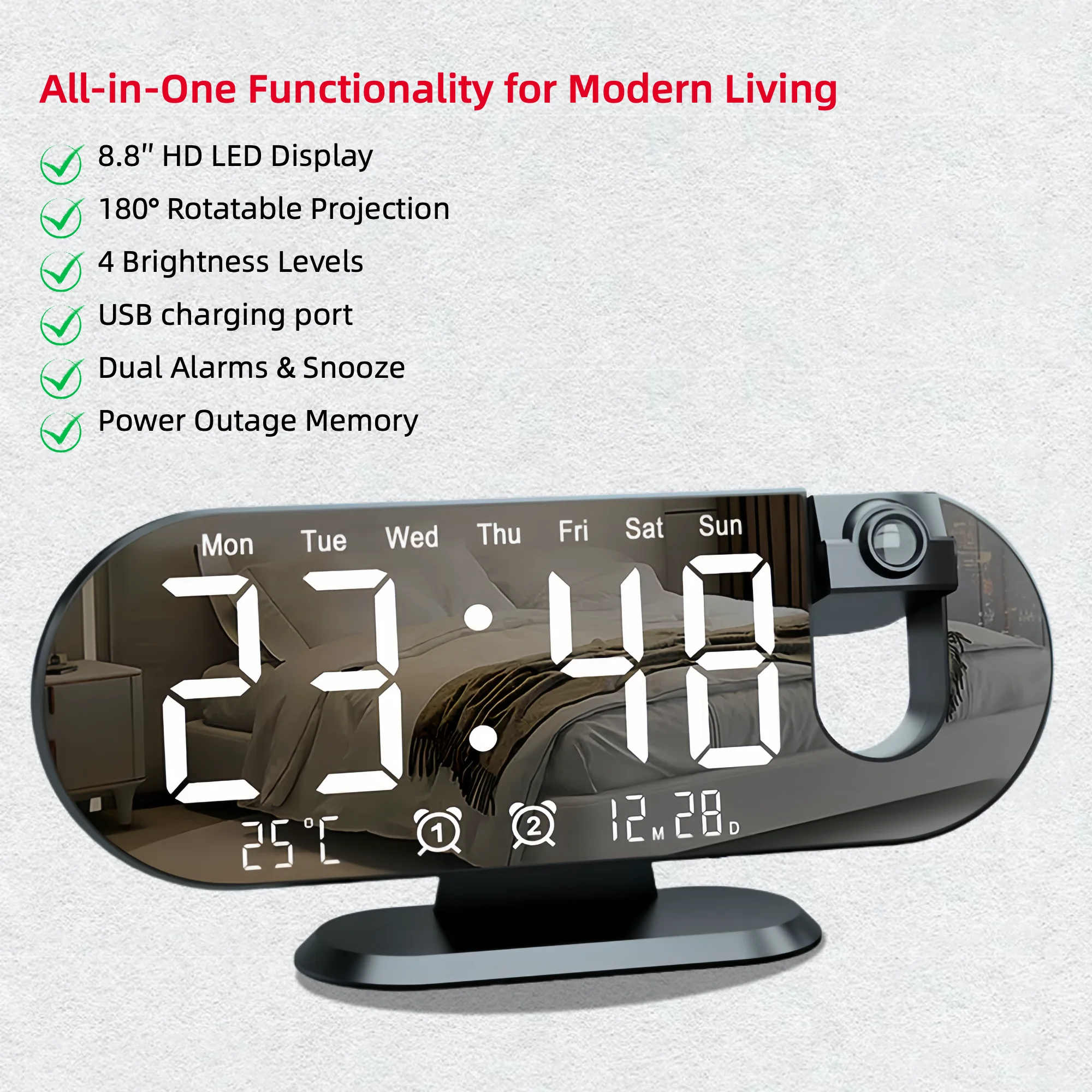 Projection Alarm Clock Bedroom 180° Rotating LED  Large Display Ceiling Projector Dual Alarm Dimmer  USB Charging Digital Clock Home Decor Holiday Gift - Image 1