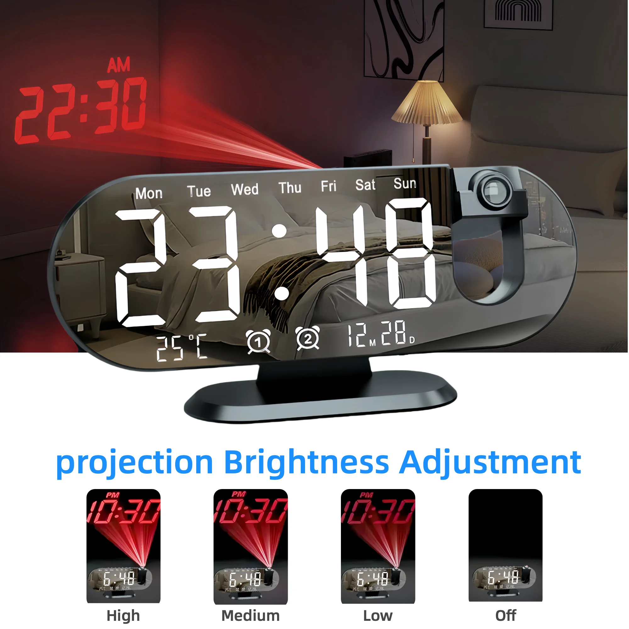 Projection Alarm Clock Bedroom 180° Rotating LED  Large Display Ceiling Projector Dual Alarm Dimmer  USB Charging Digital Clock Home Decor Holiday Gift - Image 4