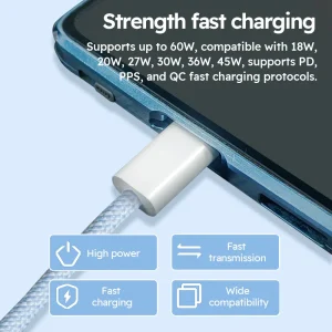 3PCS 6FT 60W Nylon Braided Fast Charge Cable Suitable For Type-C Interface Mobile Phone,laptops And All Kinds Of Tablets - Thumbnail Image 5