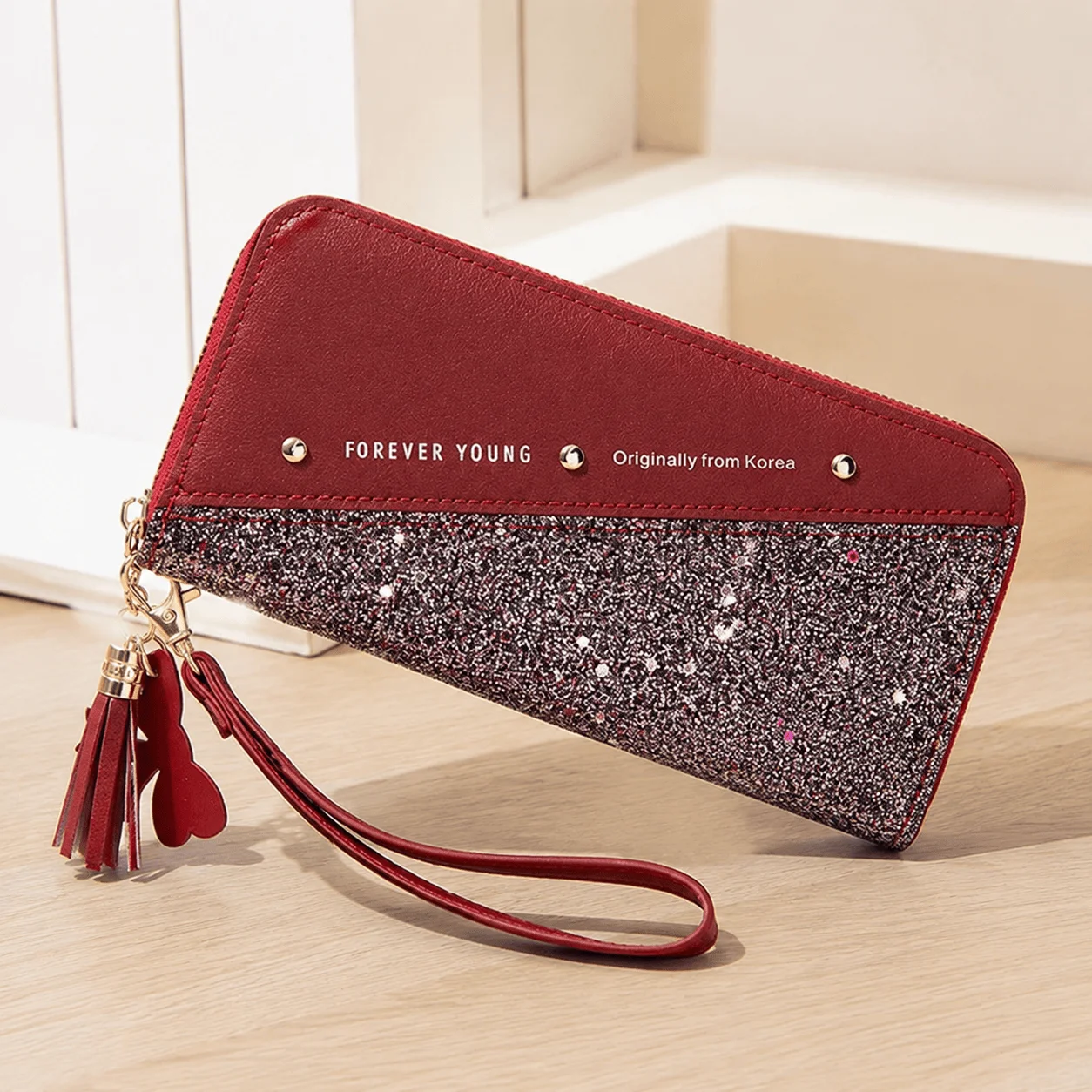 Korean Patchwork Style Women Long Wallet Tassel Rivet Detail Fashion Clutch Wristlet PU Leather Card Holder Large Capacity Ladies Purse Cute Designer Handbag Phone Pocket Zipper Closure For Daily Shopping Casual Travel Party Birthday Gift Bag New Style - Image 1