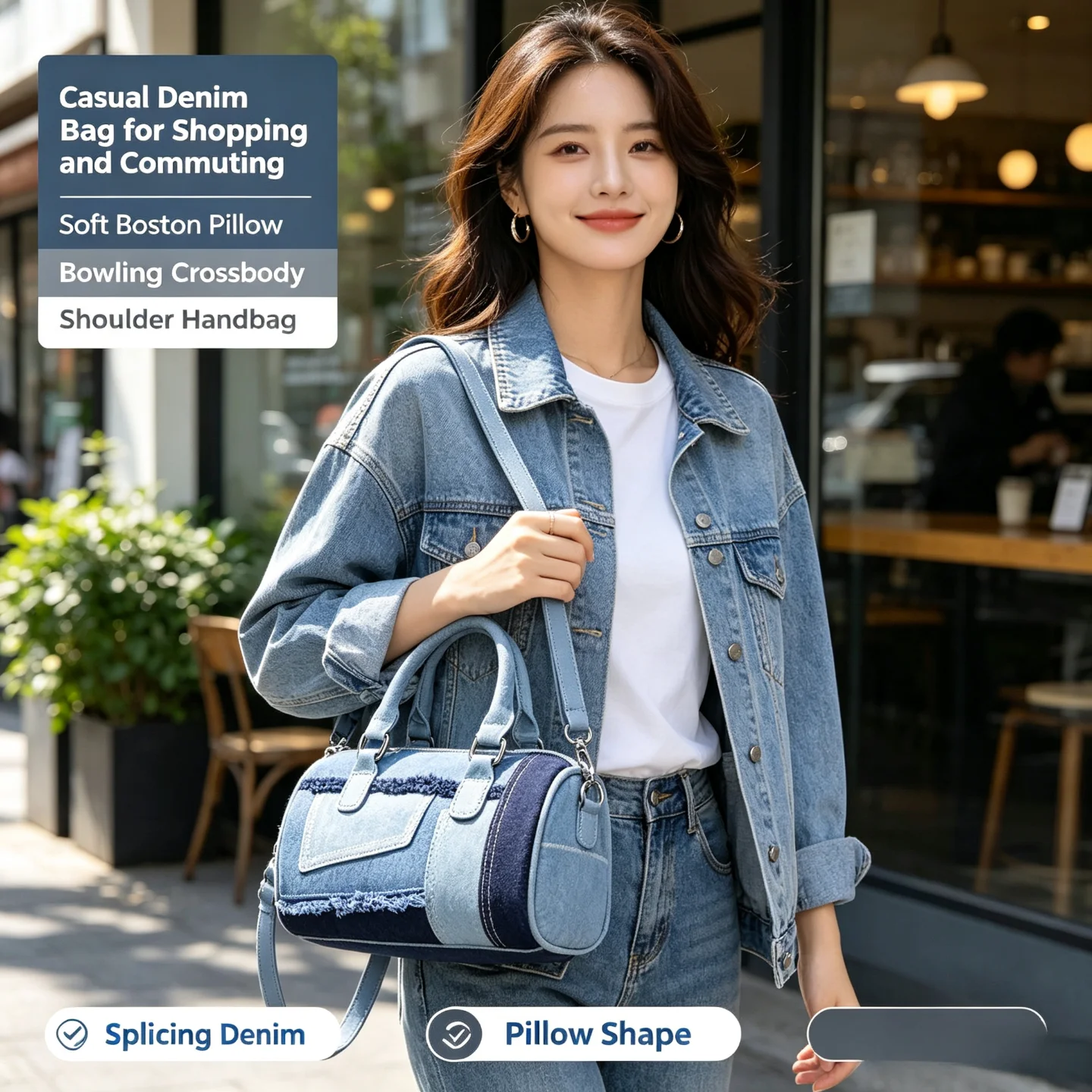 Soft Boston Pillow Bowling Crossbody Bag for Women, Niche Splicing Denim Fabric Casual Shoulder Handbag for Shopping & Commuting - Image 2