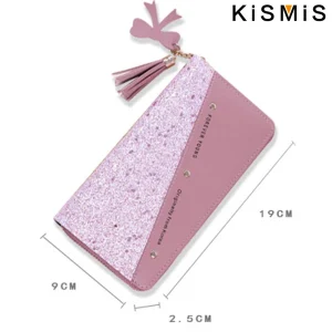 Korean Patchwork Style Women Long Wallet Tassel Rivet Detail Fashion Clutch Wristlet PU Leather Card Holder Large Capacity Ladies Purse Cute Designer Handbag Phone Pocket Zipper Closure For Daily Shopping Casual Travel Party Birthday Gift Bag New Style - Thumbnail Image 9