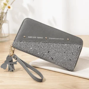 Korean Patchwork Style Women Long Wallet Tassel Rivet Detail Fashion Clutch Wristlet PU Leather Card Holder Large Capacity Ladies Purse Cute Designer Handbag Phone Pocket Zipper Closure For Daily Shopping Casual Travel Party Birthday Gift Bag New Style - Thumbnail Image 12