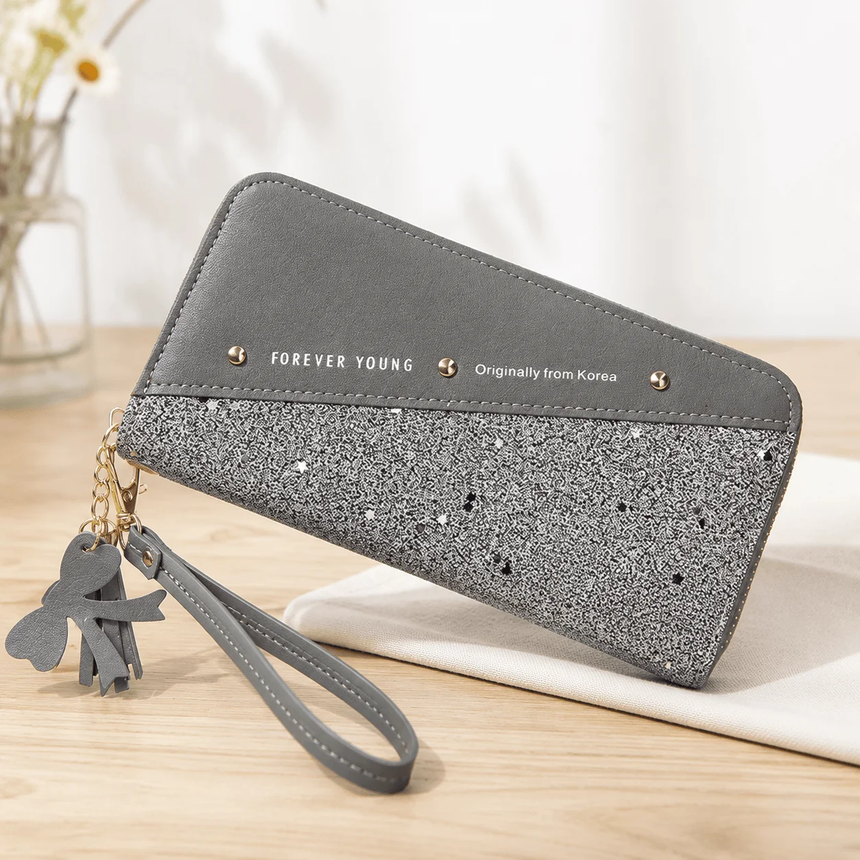 Korean Patchwork Style Women Long Wallet Tassel Rivet Detail Fashion Clutch Wristlet PU Leather Card Holder Large Capacity Ladies Purse Cute Designer Handbag Phone Pocket Zipper Closure For Daily Shopping Casual Travel Party Birthday Gift Bag New Style - Image 12