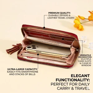 Korean Patchwork Style Women Long Wallet Tassel Rivet Detail Fashion Clutch Wristlet PU Leather Card Holder Large Capacity Ladies Purse Cute Designer Handbag Phone Pocket Zipper Closure For Daily Shopping Casual Travel Party Birthday Gift Bag New Style - Thumbnail Image 4