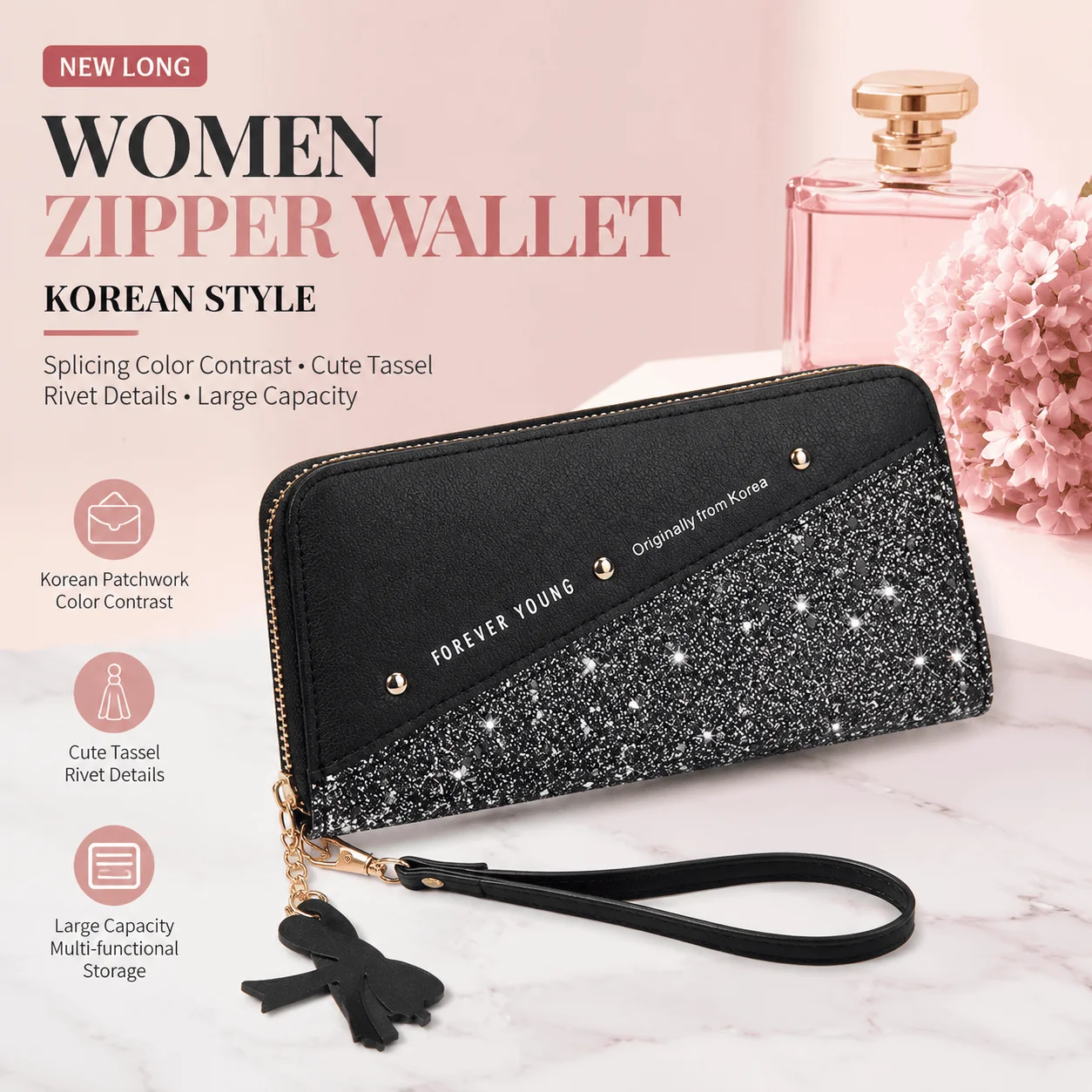 Korean Patchwork Style Women Long Wallet Tassel Rivet Detail Fashion Clutch Wristlet PU Leather Card Holder Large Capacity Ladies Purse Cute Designer Handbag Phone Pocket Zipper Closure For Daily Shopping Casual Travel Party Birthday Gift Bag New Style - Image 3