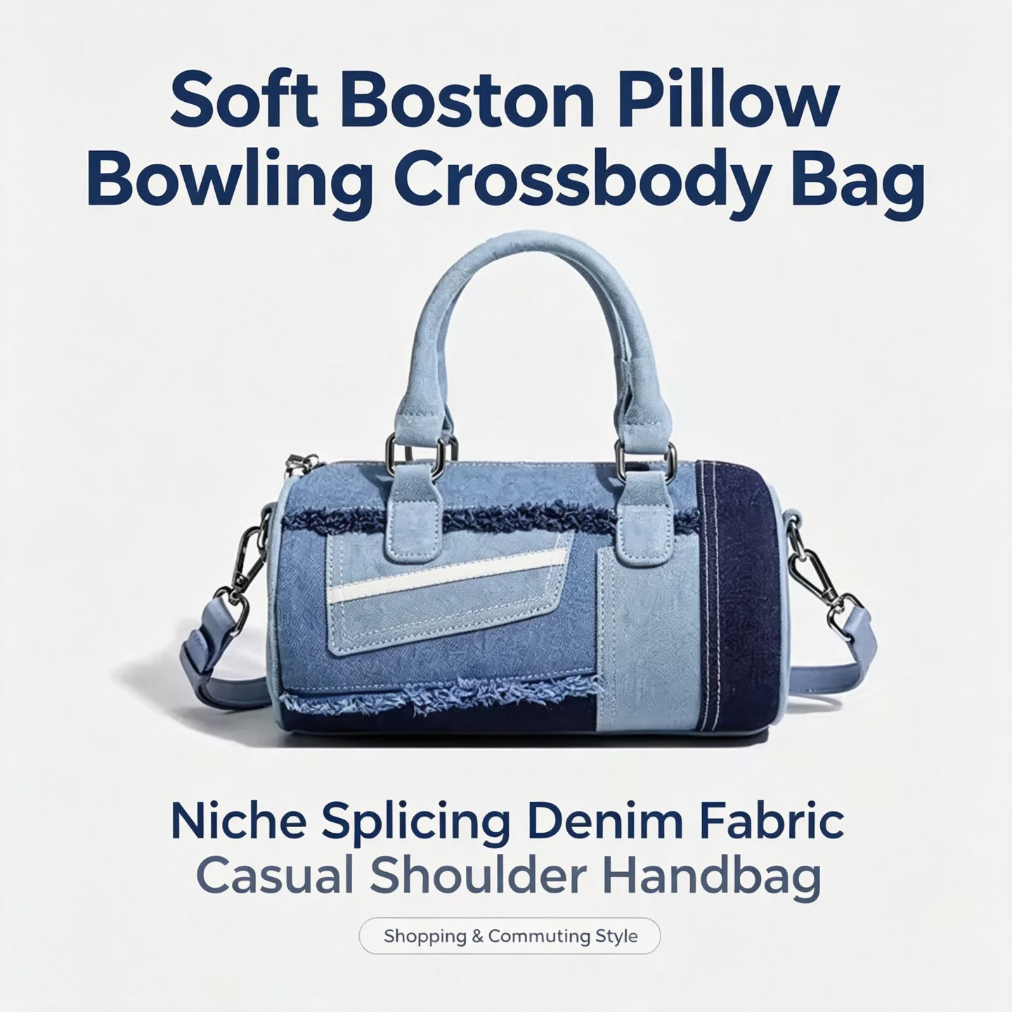 Soft Boston Pillow Bowling Crossbody Bag for Women, Niche Splicing Denim Fabric Casual Shoulder Handbag for Shopping & Commuting - Image 3
