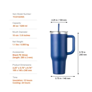 40 oz Insulated Water Bottle, Stainless Steel Sports Coffee Cup with Lid, Handheld Travel Coffee Mug Double Walled, Camping Hydration Flask Leakproof, for Indoor/Outdoor School, Work, Blue