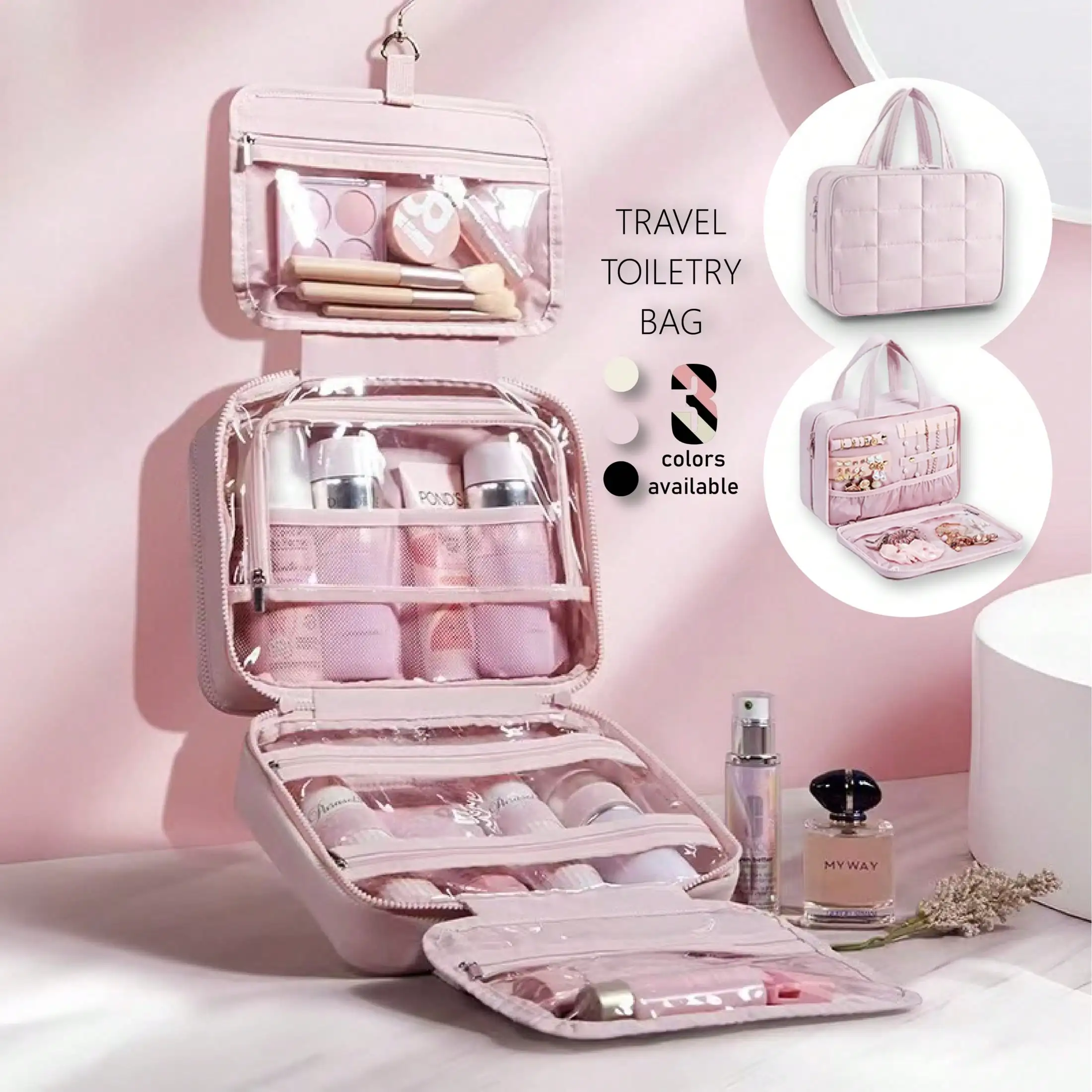 Hanging Toiletry Bag with Jewelry Organizer, Travel Makeup Cosmetic Bag for Women, Waterproof Carry-on Essentials with Compartments for Toiletries & Accessories, Black - Image 1