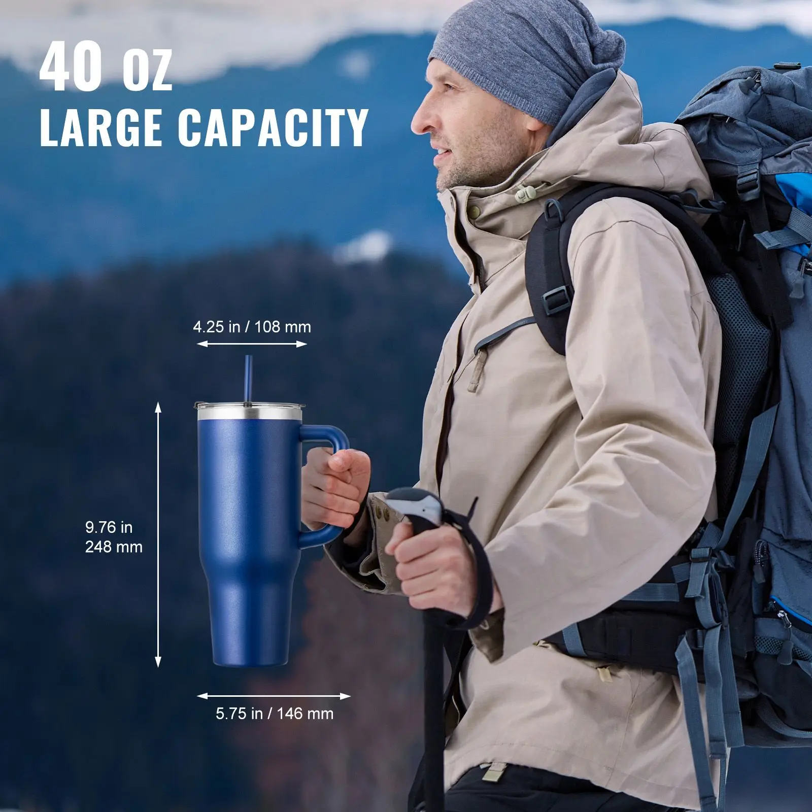 40 oz Insulated Water Bottle, Stainless Steel Sports Coffee Cup with Lid, Handheld Travel Coffee Mug Double Walled, Camping Hydration Flask Leakproof, for Indoor/Outdoor School, Work, Blue - Image 6