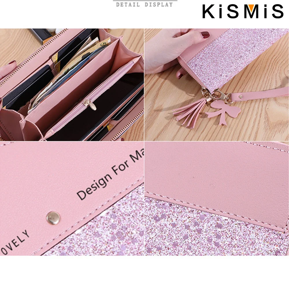 Korean Patchwork Style Women Long Wallet Tassel Rivet Detail Fashion Clutch Wristlet PU Leather Card Holder Large Capacity Ladies Purse Cute Designer Handbag Phone Pocket Zipper Closure For Daily Shopping Casual Travel Party Birthday Gift Bag New Style - Image 7