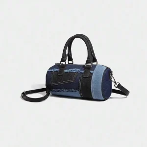 Soft Boston Pillow Bowling Crossbody Bag for Women, Niche Splicing Denim Fabric Casual Shoulder Handbag for Shopping & Commuting - Thumbnail Image 10
