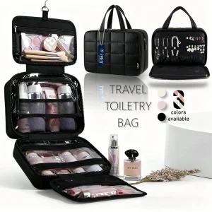 Hanging Toiletry Bag with Jewelry Organizer, Travel Makeup Cosmetic Bag for Women, Waterproof Carry-on Essentials with Compartments for Toiletries & Accessories, Black - Thumbnail Image 9