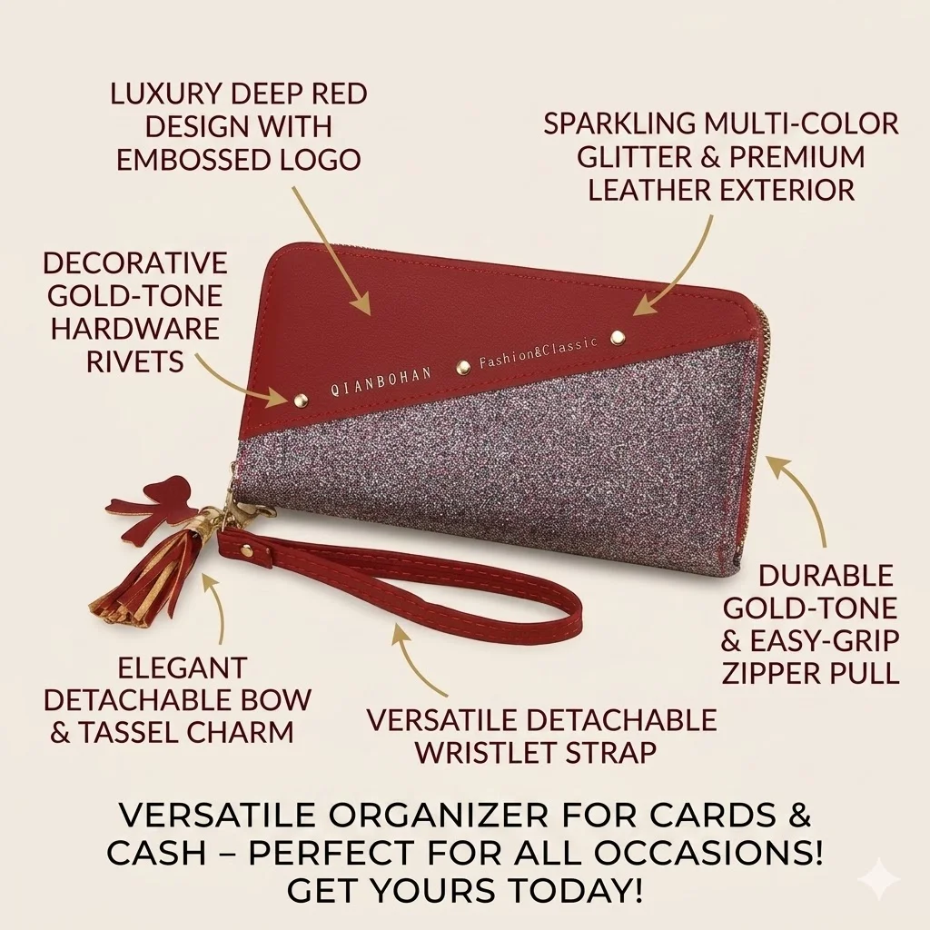 Korean Patchwork Style Women Long Wallet Tassel Rivet Detail Fashion Clutch Wristlet PU Leather Card Holder Large Capacity Ladies Purse Cute Designer Handbag Phone Pocket Zipper Closure For Daily Shopping Casual Travel Party Birthday Gift Bag New Style - Image 5