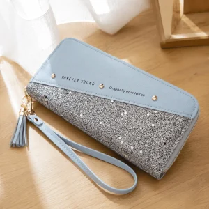 Korean Patchwork Style Women Long Wallet Tassel Rivet Detail Fashion Clutch Wristlet PU Leather Card Holder Large Capacity Ladies Purse Cute Designer Handbag Phone Pocket Zipper Closure For Daily Shopping Casual Travel Party Birthday Gift Bag New Style - Thumbnail Image 10