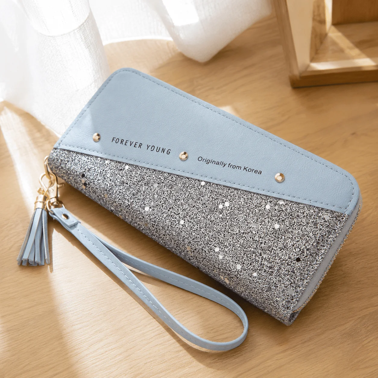 Korean Patchwork Style Women Long Wallet Tassel Rivet Detail Fashion Clutch Wristlet PU Leather Card Holder Large Capacity Ladies Purse Cute Designer Handbag Phone Pocket Zipper Closure For Daily Shopping Casual Travel Party Birthday Gift Bag New Style - Image 10