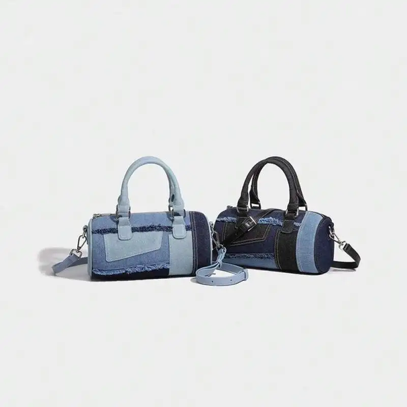 Soft Boston Pillow Bowling Crossbody Bag for Women, Niche Splicing Denim Fabric Casual Shoulder Handbag for Shopping & Commuting - Image 4