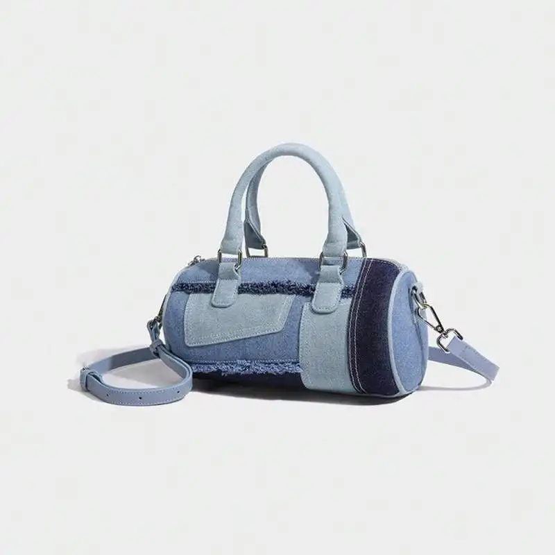 Soft Boston Pillow Bowling Crossbody Bag for Women, Niche Splicing Denim Fabric Casual Shoulder Handbag for Shopping & Commuting - Image 6