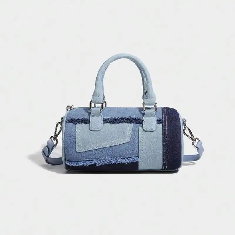Soft Boston Pillow Bowling Crossbody Bag for Women, Niche Splicing Denim Fabric Casual Shoulder Handbag for Shopping & Commuting - Image 5