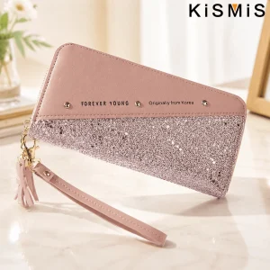 Korean Patchwork Style Women Long Wallet Tassel Rivet Detail Fashion Clutch Wristlet PU Leather Card Holder Large Capacity Ladies Purse Cute Designer Handbag Phone Pocket Zipper Closure For Daily Shopping Casual Travel Party Birthday Gift Bag New Style - Thumbnail Image 2