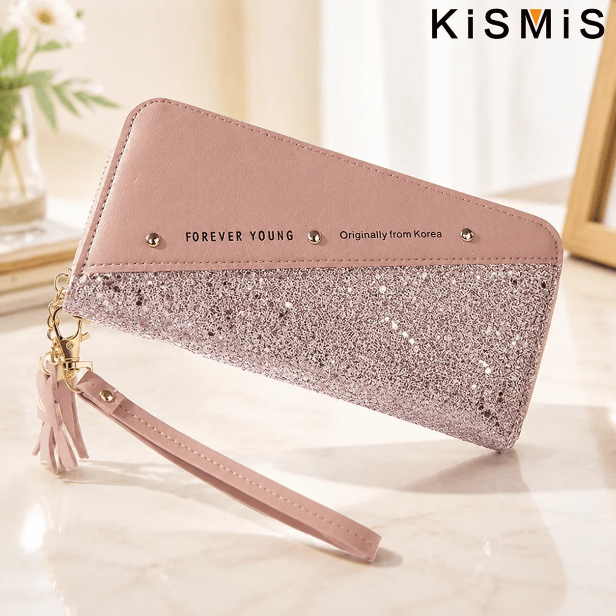 Korean Patchwork Style Women Long Wallet Tassel Rivet Detail Fashion Clutch Wristlet PU Leather Card Holder Large Capacity Ladies Purse Cute Designer Handbag Phone Pocket Zipper Closure For Daily Shopping Casual Travel Party Birthday Gift Bag New Style - Image 2