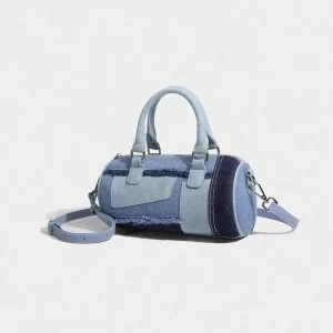 Soft Boston Pillow Bowling Crossbody Bag for Women, Niche Splicing Denim Fabric Casual Shoulder Handbag for Shopping & Commuting