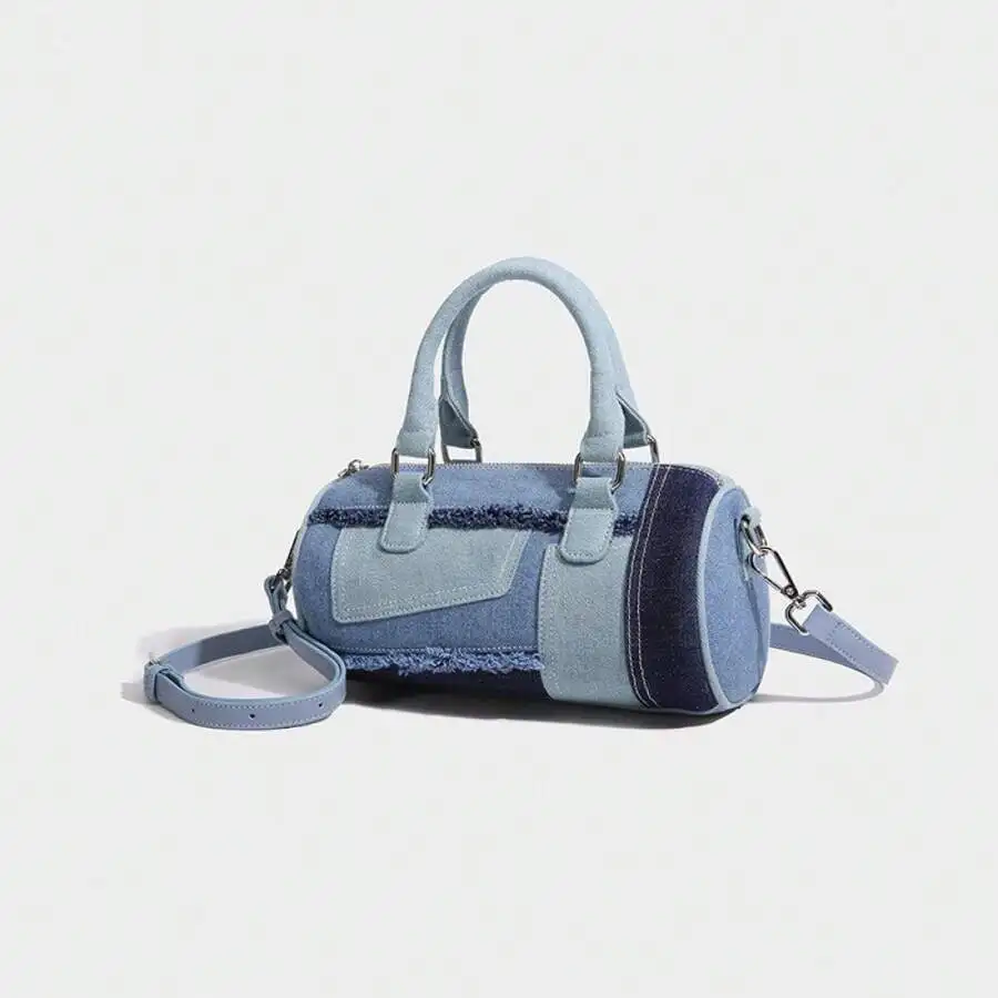 Soft Boston Pillow Bowling Crossbody Bag for Women, Niche Splicing Denim Fabric Casual Shoulder Handbag for Shopping & Commuting - Image 1