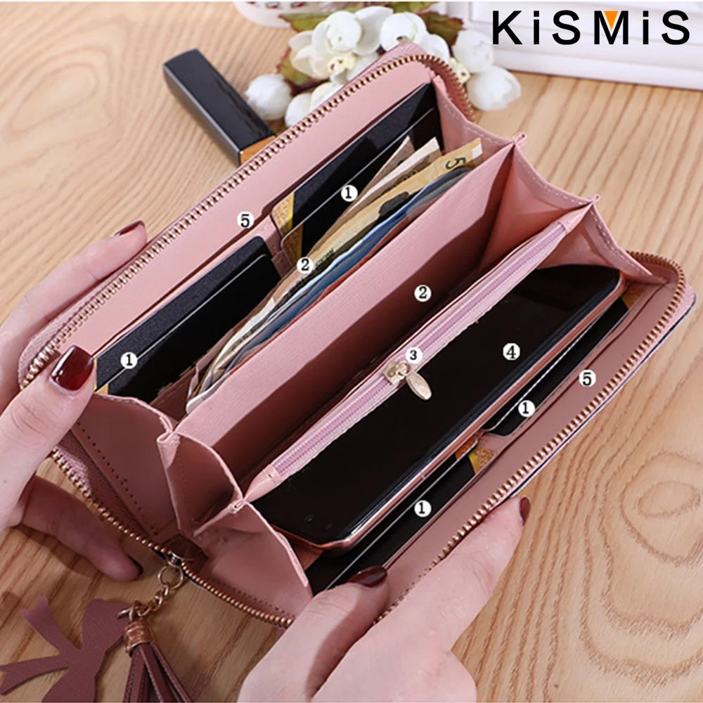 Korean Patchwork Style Women Long Wallet Tassel Rivet Detail Fashion Clutch Wristlet PU Leather Card Holder Large Capacity Ladies Purse Cute Designer Handbag Phone Pocket Zipper Closure For Daily Shopping Casual Travel Party Birthday Gift Bag New Style - Image 6